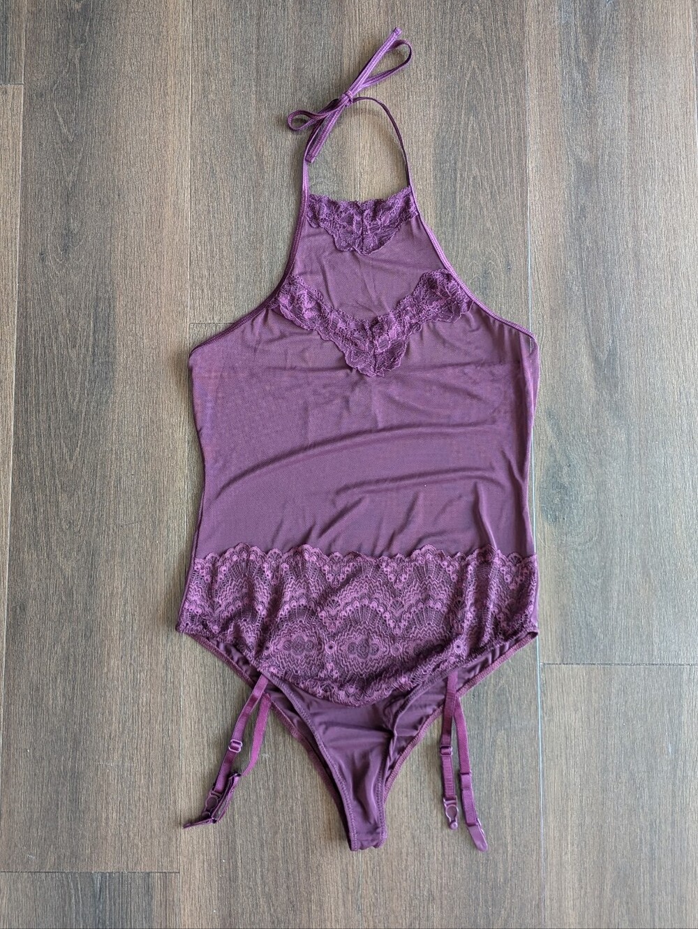 Music Legs lingerie OSFM purple halter mesh bodysuit